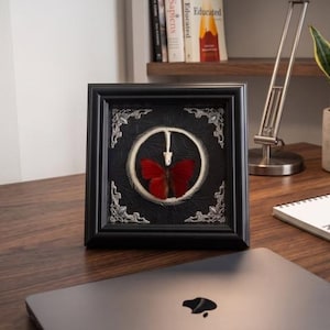 Real Snake Skeleton & Red Butterfly Frame | Gothic Embossed Shadow Box | Ouroboros Snake Bone Specimen | Dark Academia Decor | Oddities Gift