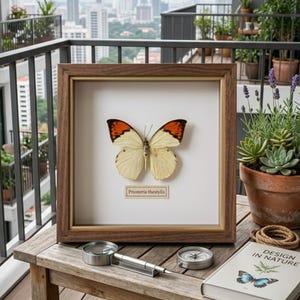 May include: A framed butterfly specimen, Prioneris thestylis, with cream and orange wings, displayed in a wooden frame. The frame sits on a wooden table with a magnifying glass, compass, and a book titled "Design in Nature".