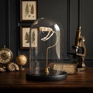 May include: A white snake skull mounted on a thin gold-toned metal stand, enclosed within a clear glass dome with a black circular base. The skull features an open jaw with visible fangs, positioned centrally inside the protective glass display.