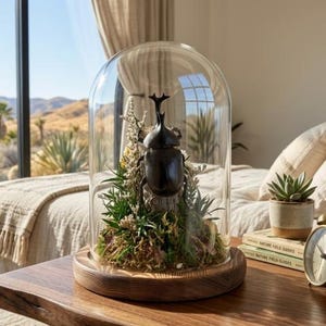 May include: A large black rhinoceros beetle specimen displayed inside a clear glass dome cloche. The beetle is mounted on a small wooden log surrounded by green moss, dried grasses, and small white flowers, all set on a circular wooden base.