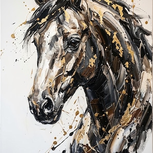 May include: An abstract painting of a horse's head, created with bold brushstrokes. The artwork uses black, white, and brown, with gold leaf accents. The horse's profile is set against a white background, with paint splatters.