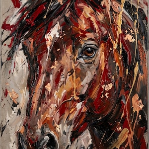 May include: An abstract painting of a horse's head. The artwork features a palette of deep browns, reds, and gold, with visible brushstrokes and textured paint. The horse's eye is a focal point, with a detailed depiction.