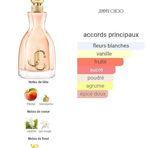 May include: A peach-colored perfume bottle with a gold cap and the text "I Want Choo Jimmy Choo pour femme." The bottle has a gold "JC" logo. The fragrance notes include peach, mandarin, jasmine, and vanilla.