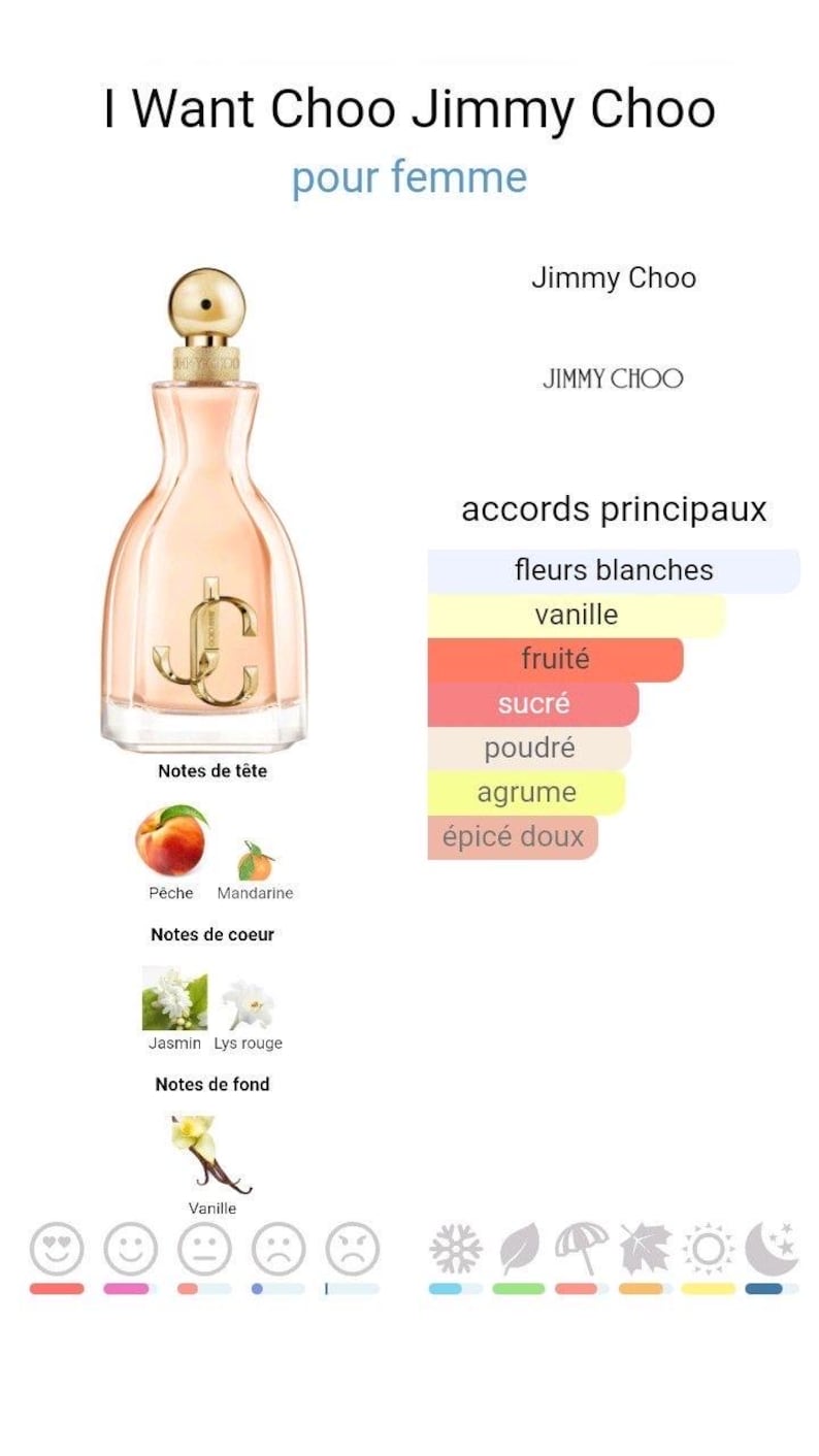 May include: A peach-colored perfume bottle with a gold cap and the text "I Want Choo Jimmy Choo pour femme." The bottle has a gold "JC" logo. The fragrance notes include peach, mandarin, jasmine, and vanilla.