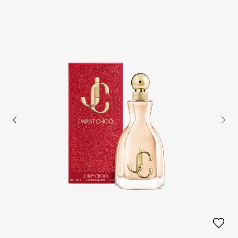 May include: A perfume bottle and box set. The perfume bottle is a light peach color with a gold cap and a gold "JC" logo. The box is red with glitter and the words "I WANT CHOO" and "JIMMY CHOO" in gold.
