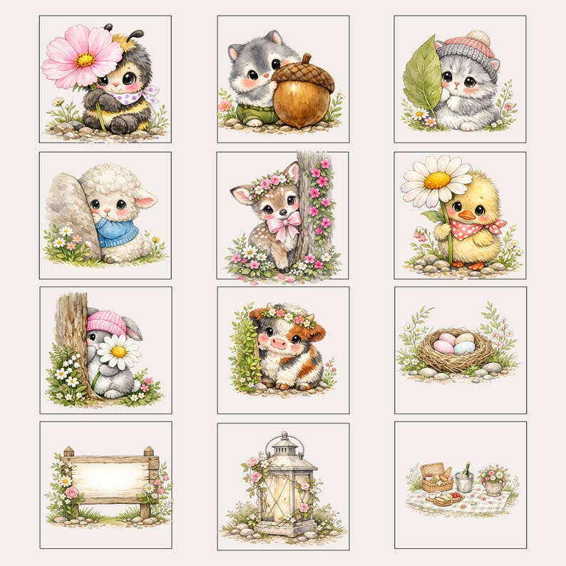 Hello Spring PNG Clipart Bundle, Shy Watercolor Baby Animal Nursery Art ...