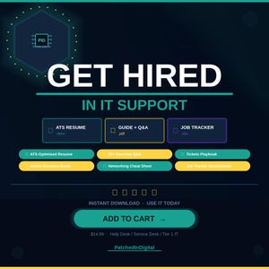 Op de afbeelding: Een digitale afbeelding met de tekst "GET HIRED IN IT SUPPORT." De afbeelding bevat secties voor ATS-cv, gids & Q&A en jobtracker. Extra secties zijn onder meer ATS-geoptimaliseerd cv, interview Q&A en networking cheat sheet.