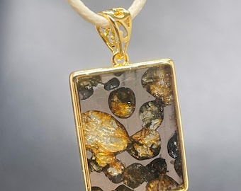 Seymchan Pallasite Meteorite Rectangle Pendant, Natural Olivine Meteorite Necklace, Space Stone Jewelry