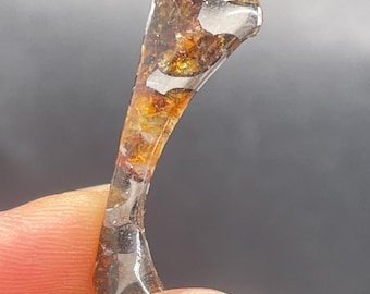 Seymchan Pallasite Meteorite Slice, Olive Meteorite, Rust-Proof Coating (31.8x11.4x3.6mm)