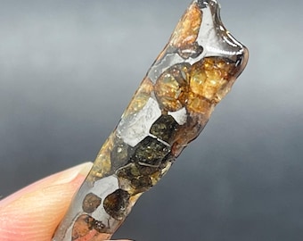 Seymchan Pallasite Meteorite Slice, Olive Meteorite, Rust-Proof Coating (30.6x8.9x4mm)