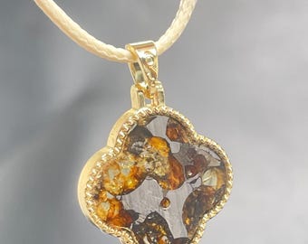 Pallasite Meteorite Four Leaf Clover Pendant, Seymchan Interstellar Texture Necklace