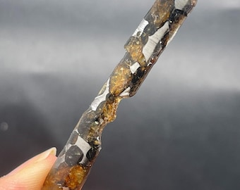 Fatia de meteorito pallasita de Seymchan, meteorito verde-oliva, revestimento antiferrugem (56,6 x 9,2 x 4,4 mm)