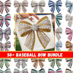 May include: A collection of baseball bows in various colors and designs, including red, blue, and silver. The bows are embellished with rhinestones and pearls. The image includes the text "50+ BASEBALL BOW BUNDLE".