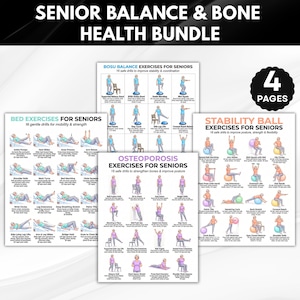 May include: A bundle of four exercise guides for seniors, promoting balance, bone health, and mobility. The guides include BOSU balance exercises, bed exercises, stability ball exercises, and osteoporosis exercises. Each guide features illustrations of exercises.