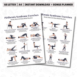 Könnte beinhalten: Zwei weiße digitale Übungspläne mit dem Titel Piriformis Syndrome Exercises und Sciatic Nerve & Glute Relief Routine. Jedes Blatt zeigt Illustrationen einer Person bei verschiedenen Dehnübungen mit begleitenden Anweisungen für jede Pose.