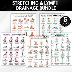 Op de afbeelding: Een bundel van vijf pagina's met oefeningen voor stretching en lymfedrainage. De pagina's bevatten instructies voor pijnverlichting bij menstruatie, stimulatie van de nervus vagus en oefeningen.