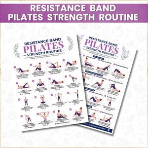 May include: Two white instructional posters titled Resistance Band Pilates Strength Routine featuring purple text and illustrations of individuals performing sixteen different exercises with resistance bands, including numbered steps and descriptive text.