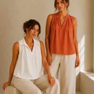 Women Sleeveless Blouses Sewing Pattern, Women’s Summer Top Sewing Pattern, Loose Fit V Neck Shirt, Collar Blouse Sewing Pattern