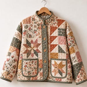 Könnte beinhalten: Eine gesteppte Jacke mit Patchwork-Design aus Blumenmustern, Sternmotiven und Karos in gedeckten Tönen von Salbeigrün, Rostorange und Creme. Die Jacke hat einen Stehkragen, vier Knöpfe und zwei aufgesetzte Vordertaschen.