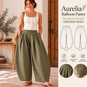 Balloon Pants Sewing Pattern PDF, Pleated Barrel Leg Pants, High Waist Tapered Trousers, Aurelia
