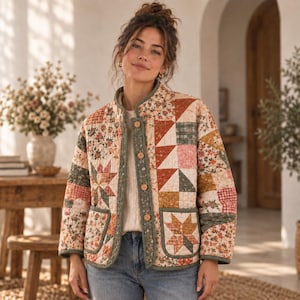 Women's Quilted Jacket Sewing Pattern PDF, Patchwork Button Front Coat with Pockets