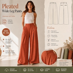 Patrón de costura para pantalones anchos de mujer, patrón PDF de pantalón palazzo XS–5XL