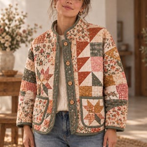 Women's Quilted Jacket Sewing Pattern PDF, Patchwork Button Front Coat with Pockets