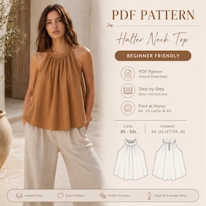Könnte beinhalten: Eine Frau trägt ein braunes Neckholder-Top und eine helle Hose. Das Bild enthält den Text "PDF Pattern Halter Neck Top" und "Beginner Friendly". Das Schnittmuster ist in den Größen XS-5XL erhältlich.
