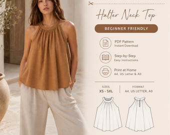Halter Neck Top Pattern PDF | Beginner Friendly Top Sewing Pattern | Women’s Loose Fit Blouse | Instant Download | XS-5XL | A4 US Letter A0