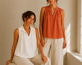Sleeveless Blouse Sewing Pattern PDF, Women’s Summer Top Pattern, Loose Fit V Neck Shirt, Collar Blouse Pattern XS-5XL, A4 A0 US Letter