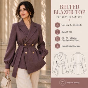 Könnte beinhalten: Ein dunkel-mauvefarbenes, zweireihiges Blazer-Oberteil mit Gürtel, langen Ärmeln und goldenen Knöpfen. Das Bild enthält den Text: BELTED BLAZER TOP, PDF SEWING PATTERN, Easy Step-by-Step Guide, Sizes XS-5XL, A0, A4, US Letter Print-Ready PDF Files, Instant Digital Download.
