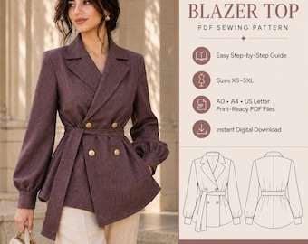 Belted Blazer Top Sewing Pattern PDF, Women's Jacket Pattern, XS–5XL, A0 A4 US Letter
