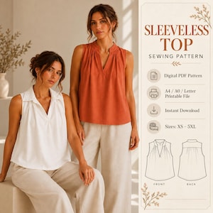 Patrón de costura para blusas sin mangas de mujer, patrón de costura para top de verano de mujer, camisa de cuello en V de corte holgado, patrón de costura para blusa con cuello