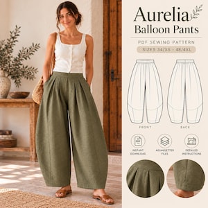 May include: A PDF sewing pattern for Aurelia Balloon Pants, sizes 34/XS to 48/4XL. The image displays a white tank top and olive green balloon pants, with technical line drawings of the front and back views, plus circular detail insets.