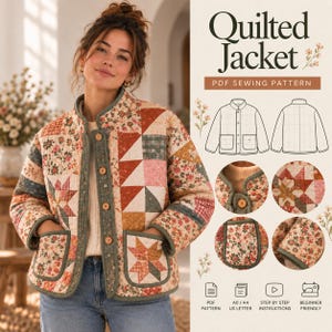Patrón de costura en PDF para chaqueta acolchada de mujer, abrigo patchwork con botones frontales y bolsillos.
