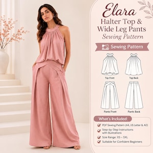 Halter Top and Wide Leg Pants Sewing Pattern PDF Women Matching Two Piece Set Outfit High Waist Palazzo Pants Digital Download XS-5XL