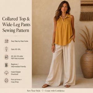 Könnte beinhalten: Ein Schnittmuster für ein Oberteil mit Kragen und eine weite Hose. Der Text lautet: Collared Top & Wide-Leg Pants Sewing Pattern, Easy Step-by-Step Guide, Sizes XS-5XL, A0, A4, US Letter PDF Files Included, Beginner / Intermediate Friendly.