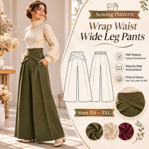 Wide Leg Pant Wrap Waist Sewing Pattern , High Waisted Palazzo, Cross Belt Trousers , Beginner Friendly (Digital Download)