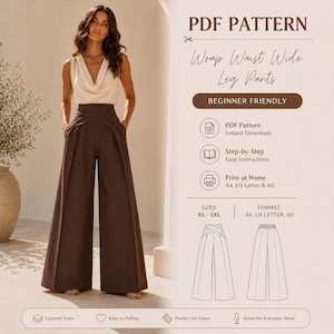 Op de afbeelding: Een vrouw draagt een crèmekleurige top en een bruine broek met wijde pijpen en wikkelband. De afbeelding bevat de tekst "PDF PATTERN" en "Wrap Waist Wide Leg Pants". Het patroon is beginnersvriendelijk en bevat maten XS-5XL.