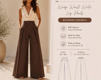 Wrap Waist Wide Leg Pant Pattern PDF, High Waisted Palazzo, Cross Belt Trousers Pattern, Beginner Friendly Digital Sewing Pattern, XS-4XL