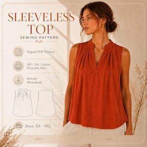 Könnte beinhalten: Ein digitales Schnittmuster für ein ärmelloses Oberteil mit dem Text SLEEVELESS TOP SEWING PATTERN, Digital PDF Pattern, A0 / A4 / Letter Printable Files, Instant Download und Sizes: XS - 5XL sowie einer technischen Strichzeichnung.