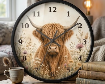 Highland Cow Wall Clock | Rustic Farmhouse Animal Clock, Floral Meadow Design