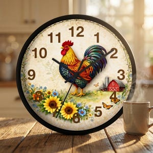 May include: A round wall clock with a black frame. The clock face features a colourful rooster illustration with sunflowers, butterflies, and a red barn. The clock hands are black, and the numbers are brown.