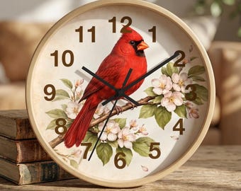Cardinal Bird Wall Clock | Vintage Floral Numbers, Rustic Nature Decor