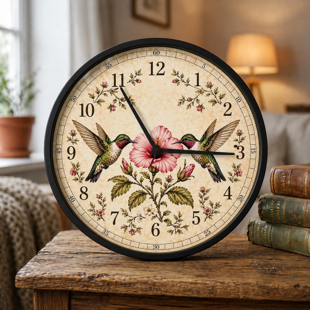 Hummingbird Floral Wall Clock | Vintage Roses, Soft Neutral Face - Etsy