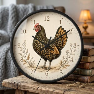 May include: A black-framed wall clock featuring a detailed illustration of a hen. The hen is depicted in shades of brown, black, and gold, with a red comb. The clock face has black numerals and hands, and is surrounded by a black frame. The clock is on a wooden table.