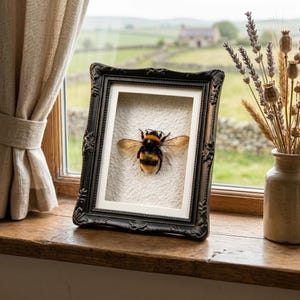 Könnte beinhalten: Ein gerahmtes Insektenpräparat mit einer Hummel mit schwarz-gelben Streifen und durchscheinenden Flügeln. Der verzierte schwarze Rahmen hat ein weißes Passepartout. Die gerahmte Biene wird auf einer Holzfensterbank mit einer Vase mit Trockenblumen ausgestellt.