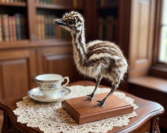 Prepared Emu Mount & Avian Display | Striped Downy Plumage | Dark Academia Desk Decor