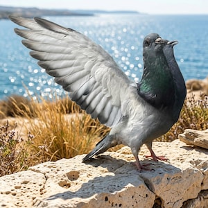 May include: A gray pigeon with iridescent green and black feathers on its neck and head stands on a stone wall with its wings spread. The bird is near the ocean with blue water and a clear sky in the background.