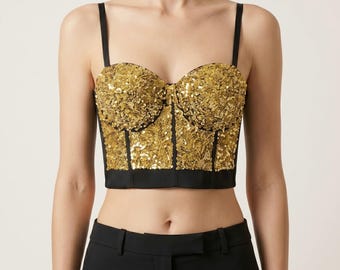 Sparkling Sequin Bustier Top | Open Back Push Up Corset | Glitter Party Night Out Crop Top | Festival Rave Padded Tube Top.
